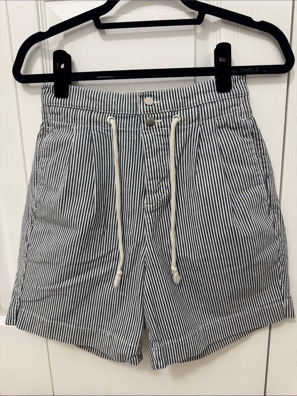 ba&sh Navy and White Striped High-Waist Drawstring Shorts